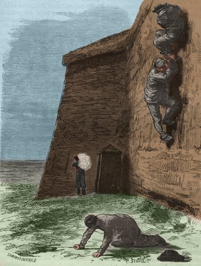 Szökés a 19. századi rocheforti börtönből. Pierre Zaccone (1817-1895) (Colonia Penale - Büntetőtelep) metszet az „Elítéltek története a megalkotásuktól napjainkig” című könyvébe (1877). Magángyűjtemény. alkotó: Anonymous Anonymous