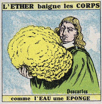 Éter (anyag): Rene Descartes (1596-1650) úgy találja, hogy az éter úgy fürdeti a testeket, mint a víz a szivacsot. Névtelen illusztráció 1925-ből. Magángyűjtemény. alkotó: Anonymous Anonymous