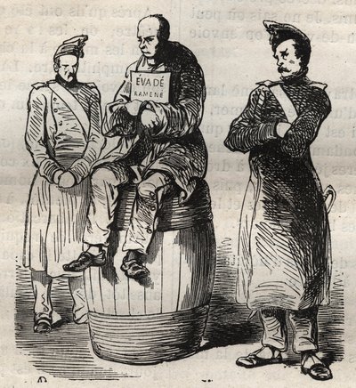 Kiállítás egy kényszerű kitérésről (Evade visszatért) a touloni börtönben a XIX. Pierre Zaccone (1817-1895) (Colonia Penale - Büntetőtelep) metszet az „Elítéltek története a megalkotásuktól napjainkig” című könyvébe (1877). Magángyűjtemény. alkotó: Anonymous Anonymous