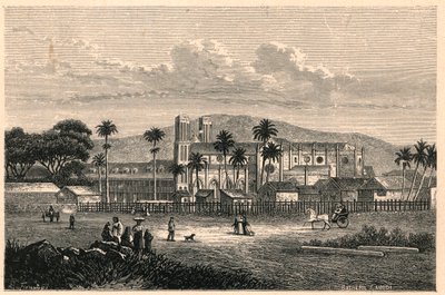 Külső nézet a katedrális Port of Spain (Port of Spain) Trinidadban (Trinidad és Tobago, Trinidad és Tobago). Louis-Eugene (Louis Eugene) Louvet „Les Missions Catholiques au XIXeme Siecle” metszete. magángyűjtemény. alkotó: Anonymous Anonymous
