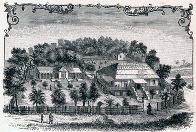 A madagaszkári Nosy Be sziget fővárosa, Hell Ville (Hell-Ville) (Hell-Ville) (Andoany) paplakának és iskolájának külső képe. Louis-Eugene (Louis Eugene) Louvet „Les Missions Catholiques au XIXeme Siecle” metszete. magángyűjtemény. alkotó: Anonymous Anonymous