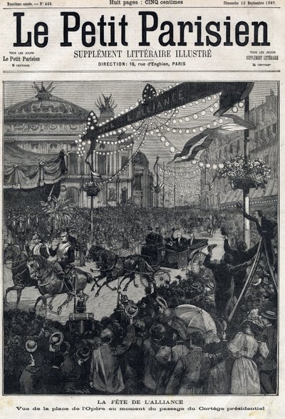 A Francia-Orosz Szövetség (francia-orosz) ünnepe: kilátás az Opera térre Felix Faure elnöki testülete (1841-1899) előtt. A „” Le Petit Parisien” című kötetben 1897.12.09. Magángyűjtemény alkotó: Anonymous Anonymous