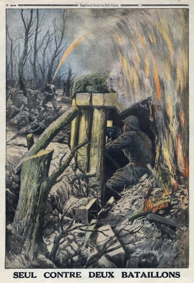 Első világháború 1914-1918 (14-18. háború). Egy francia tiszt egyedül harcol a német hadsereg két zászlóalja ellen a Bois de Caures-ban. A „Le Petite Journal” című kiadványban, 1916.05.14. Magángyűjtemény alkotó: Anonymous Anonymous