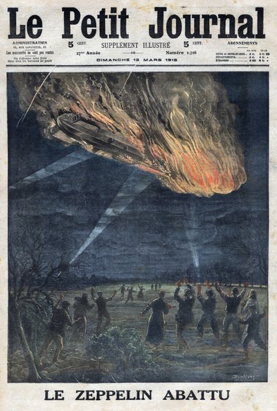 Első világháború 1914-1918 (14-18. háború). A német hadsereg zeppelinjét a francia hadsereg szabad levegőn lőtte Sainte Menehould (Sainte-Menehould) közelében. A „Le Petite Journal”-ban, 1916.12.03. Magángyűjtemény alkotó: Anonymous Anonymous