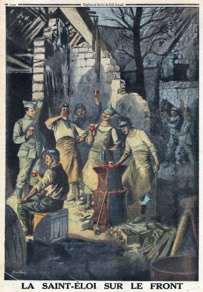 Első világháború 1914-1918 (14-18. háború). A fronton lévő katonák Saint Eloi (Saint-Eloi) ünnepe. Mindannyian isznak egy pohár vörösbort a bulira. A „” Le Petite Journal”-ban, 1916.03.12. Magángyűjtemény alkotó: Anonymous Anonymous