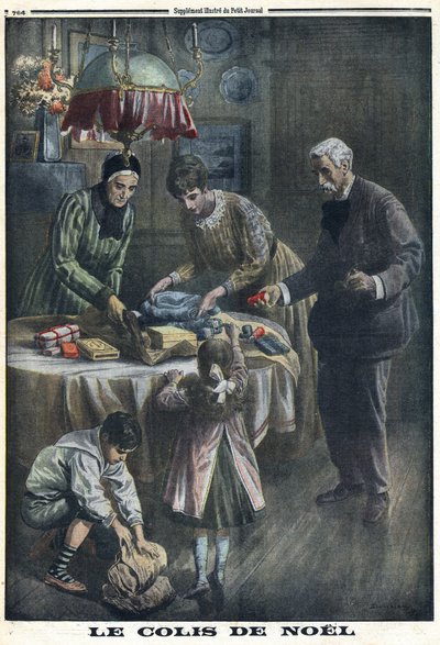 Első világháború 1914-1918 (14-18. háború). Karácsonyi ajándék: A gyerekek karácsony estéjén a csatatéren kapják meg és bontják ki az édesapjuktól kapott csomagokat. A „Le Petite Journal”-ban, 1916.12.24. Magángyűjtemény alkotó: Anonymous Anonymous