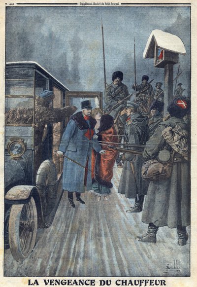 Első világháború 1914-1918 (14-18. háború). Skarbonovics osztrák tábornok fogságba esik egy orosz táborban, amikor sofőrje megbosszulja a bántalmazását. A „Le Petite Journal” című kiadványban, 1916.02.20. Magángyűjtemény alkotó: Anonymous Anonymous