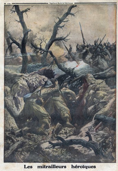 Első világháború 1914-1918 (14-18. háború). Francia géppuskások lövöldöznek a német katonai támadásra. A „Le Petite Journal”-ban, 1916.09.04. Magángyűjtemény alkotó: Anonymous Anonymous