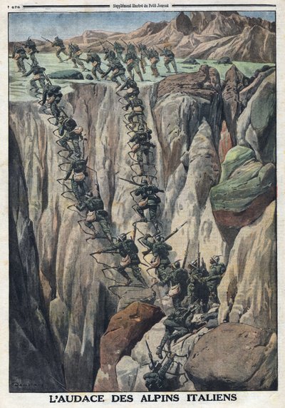 Első világháború 1914-1918 (14-18. háború). Az olasz katonák felmásznak a Cauriol csúcsára az olaszországi Fiemme-Alpokban. A „” Le Petite Journal” október 8-án alkotó: Anonymous Anonymous