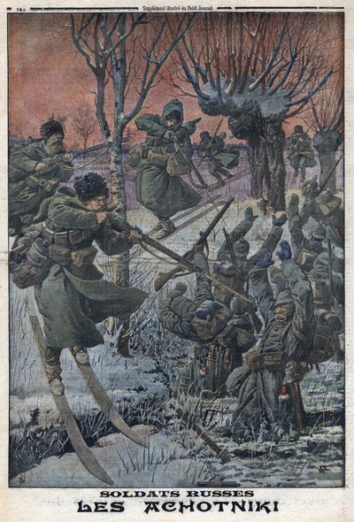 Első világháború 1914-1918 (14-18. háború). Orosz katonák Ahotniki sílécen lőnek német katonákat. A „Le Petite Journal”-ban, 1916.01.23. Magángyűjtemény alkotó: Anonymous Anonymous