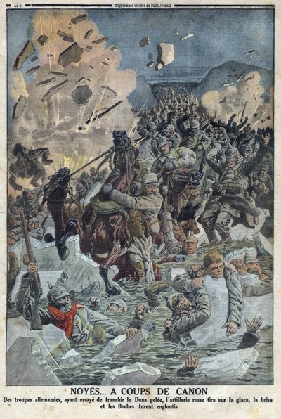 Első világháború 1914-1918 (14-18. háború). A német hadsereg megpróbál átkelni a Duna gele folyón, de az orosz tüzérség fegyverrel a jégre lőtt, és vízbe fojtotta a német hadsereget (a szövegben Boche becenévvel) A Petity Journalban” alkotó: Anonymous Anonymous