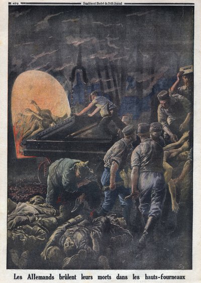 Első világháború 1914-1918 (14-18. háború). A németek halott katonákat égetnek a kemencékben. A „Le Petite Journal”-ban, 1916.04.23. Magángyűjtemény alkotó: Anonymous Anonymous