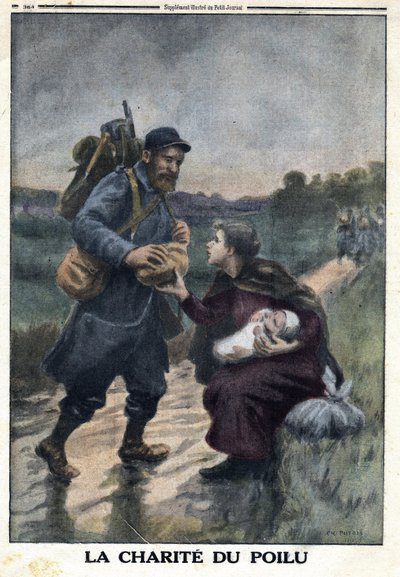 Első világháború 1914-1918 (14-18. háború). A szőrösek jótékonykodása: egy francia katona az ösvényen megáll, hogy kenyeret kínáljon egy nőnek, aki egyedül van a babájával. A „Le Petite Journal”-ban, 1916.09.01. Magángyűjtemény alkotó: Anonymous Anonymous