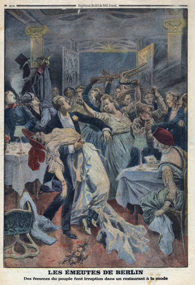 Első világháború 1914-1918 (14-18. háború). A nép asszonyai betörnek egy divatos étterembe, és követelik férjük visszaszolgáltatását. A „Le Petite Journal”-ban, 1916.01.16. Magángyűjtemény alkotó: Anonymous Anonymous