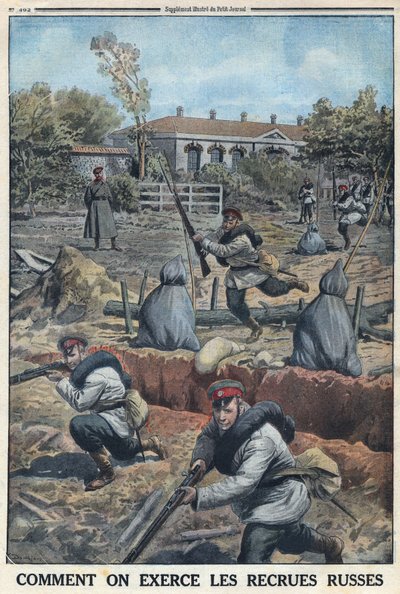 Első világháború 1914-1918 (14-18. háború). Az orosz hadsereg által toborzott fiatal katonák kiképzése. A „Le Petite Journal”-ban, 1916.04.30. Magángyűjtemény alkotó: Anonymous Anonymous