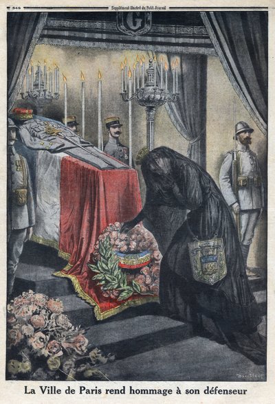 Első világháború 1914-1918 (14-18. háború). Párizs városának tiszteletadása Joseph Simon Gallieni tábornoknak (1849-1916), aki a várost védte. A „Le Petite Journal”-ban, 1916.06.18. Magángyűjtemény alkotó: Anonymous Anonymous