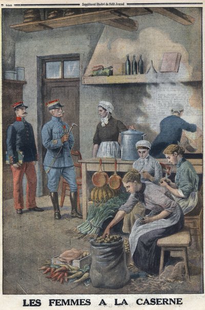 Első világháború 1914-1918 (14-18. háború). Nők ételt készítenek a laktanya konyhájában. Három szakács a burgonyakorvéban, hámozd meg a burgonyát. A „Le Petite Journal”-ban, 1916.07.05. Magángyűjtemény alkotó: Anonymous Anonymous
