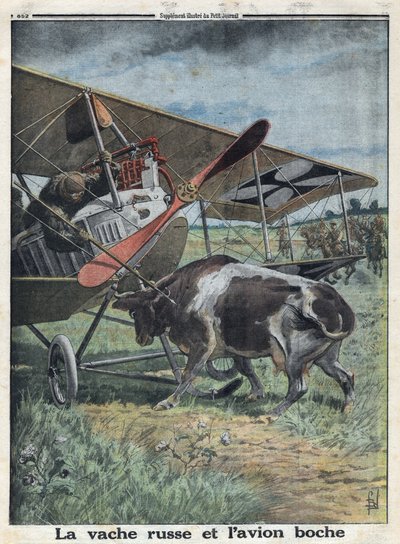 Első világháború 1914-1918 (14-18. háború). tehén Oroszországban, amely megakadályozza a német hadsereg egyik repülőgépének kihűlését. A „Le Petite Journal”-ban, 1916.10.22. Magángyűjtemény alkotó: Anonymous Anonymous