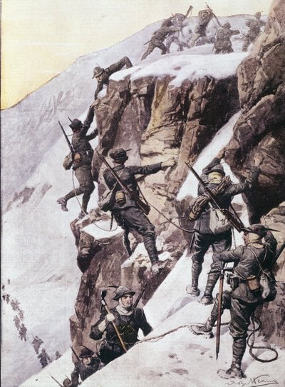 Első világháború: Olasz alpesi vadászok (alpino vagy alpini) felkapaszkodnak a Tuckettspitze (Tuckett-Spitze vagy Tuckett-csúcs), Alpok csúcsára, 1915 körül Illusztráció a „La domenica del corriere”-ből” alkotó: Anonymous Anonymous