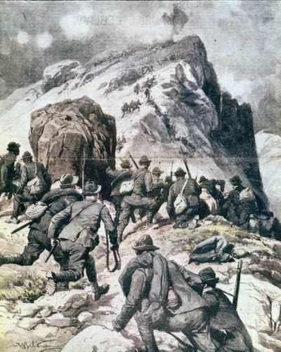 Első világháború: „” Olasz alpesi vadászok (alpino vagy alpini) felkapaszkodnak a Cauriol tetejére, az olasz Alpok”” 1916 Illusztráció a „La domenica del corriere”-ből” alkotó: Anonymous Anonymous