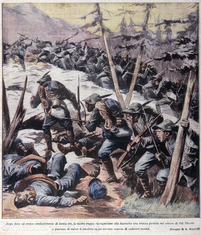 Első világháború: „” Olasz alpesi vadászok (alpino vagy alpini) visszaveszik ellenségeitől a Pal Piccolót, az olasz Alpokat”” 1916 Illusztráció a „La domenica del corriere”-ből” alkotó: Anonymous Anonymous