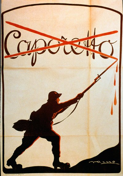 Első világháború: Caporetto (vagy karfreiti csata) 1917. október végi veresége alkalmából kiadott plakát, amely az olasz hadsereg egyik katonáját ábrázolja, aki lehúzta a „Caporetto” nevet baonettje hegyéről. Az Illustrator nem azonos alkotó: Anonymous Anonymous
