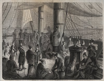 Az első erőkonvoj Toulonból Cayenne-be (Guyana) az 1851. december 8-i rendelet értelmében. Metszet az „Elítéltek története születésüktől napjainkig” című könyvébe (1877), Pierre Zaccone (1817-1895) (Colonia Penale - Penal kolónia). Magángyűjtemény. alkotó: Anonymous Anonymous