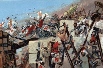 Első keresztes hadjárat (1096-1099): Jeruzsálem elfoglalása a bouilloni Godefroy (Godefroi) (1061-1100) által vezetett croisok által 1099. július 15-én. Antoine csokoládék reklámkromolitográfiája Brüsszelben, 20. század eleje. Magángyűjtemény alkotó: Anonymous Anonymous
