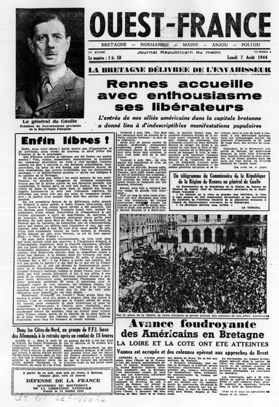 Nyugat-Franciaország első száma 1944. augusztus 7-től: La La La La Liberation Nyugat-Franciaországban és de Gaulle tábornok – fényképezés, B.N. alkotó: Anonymous Anonymous