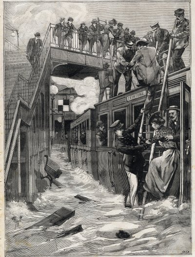 A Gare de la Chapelle elárasztása a párizsi kisövezet vonalán. Metszés. A Le Petite Parisienben alkotó: Anonymous Anonymous