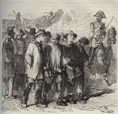Elítéltek menet közben a bagne de Rochefortban a XIX. Pierre Zaccone (1817-1895) (Colonia Penale - Büntetőtelep) metszet az „Elítéltek története a megalkotásuktól napjainkig” című könyvébe (1877). Magángyűjtemény. alkotó: Anonymous Anonymous