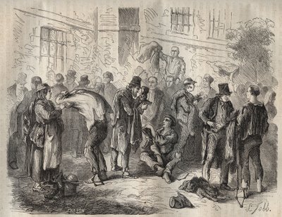 Forcatok, akik a 19. században a Toulon Bagnéba való belépés előtt árulják a holmijukat. Pierre Zaccone (1817-1895) (Colonia Penale - Büntetőtelep) metszet az „Elítéltek története a megalkotásuktól napjainkig” című könyvébe (1877). Magángyűjtemény. alkotó: Anonymous Anonymous