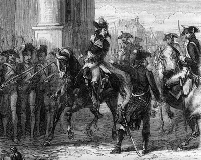 Francois Hanriot (1761-1794), francia forradalmár a kongresszus ajtajában (9 thermidor 1794) - Metszet Alphonse de Lamartine (1790-1869) „Histoire des Girondins” című könyvébe 1865-1866 - Magángyűjtemény alkotó: Anonymous Anonymous