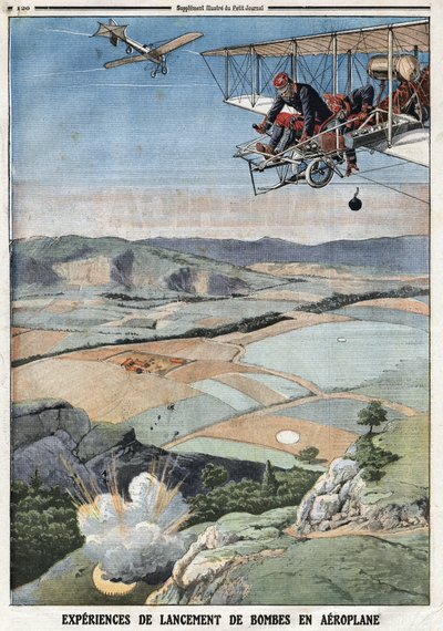 French Armee: "" Repülőgép bombakilövési tapasztalatok"". Metszet a „Le Petité Journal”-ban, 1912.04.14. Magángyűjtemény. alkotó: Anonymous Anonymous