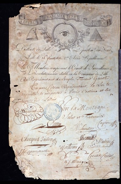 Francia forradalom: Guiot de Saint-Florent (Saint Florent) dit Florent-Guiot (vagy Florent-Guyot) (1735-1834), forradalmár és a nép képviselője állampolgárságának igazolása a lille-i Forradalmi Bizottság 16 éves II. (02/09/1 alkotó: Anonymous Anonymous