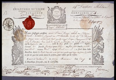 Francia forradalom: Brumaire V. 15-én kelt (1796. 11. 05.) katonai konge hivatalos dokumentuma a Coutances-i kerületből származó őrmesterről. Nord Lille Osztályi Levéltára alkotó: Anonymous Anonymous