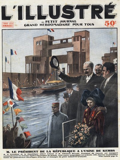 Francia ipar: Albert Lebrun (1871-1950), köztársasági elnök és Edouard Herriot (1872-1957), a tanács elnöke felavatta Kembs vízierőművét a Haut-Rhin-ben (Haut Rhin) Elzászban. „” L
