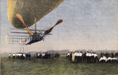 Compiegne-ből Londonba léghajóval: Bayard-Clement (Bayard Clement) leszállása Wormwood Scrubbsba. Metszés. A „Le petit parisien” című újság egyike 1910.10.30. Magángyűjtemény. alkotó: Anonymous Anonymous