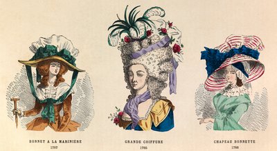 Balról varjú: Hat a la mariniere 1787-ben; Grande Hairstyle 1785-ben és Hat Bonnette 1786-ban - magángyűjtemény. alkotó: Anonymous Anonymous