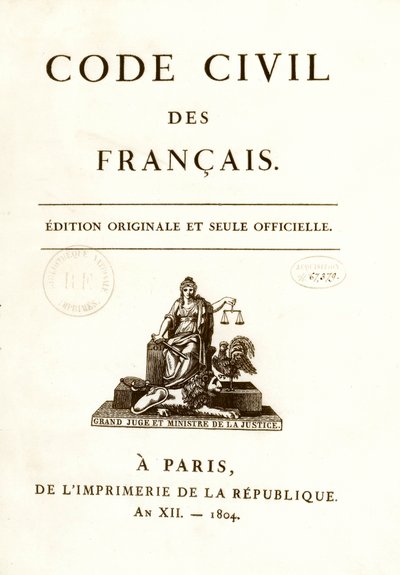 A Bonaparte Napóleon által 1804. március 21-én kihirdetett „Code civil des francais” tizenkét eredeti kiadásának egyikének előlapja. francia polgárjogi törvény. B.N. Párizs alkotó: Anonymous Anonymous