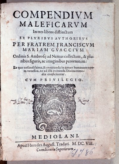 Guazzo Compendium maleficarum előlapja a démonológiáról és a boszorkányságról (metszet alkotó: Anonymous Anonymous