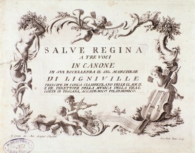 A Salve regina himnusz háromszólamú partitúrájának előképe Ligneville márkitól (1768) alkotó: Anonymous Anonymous