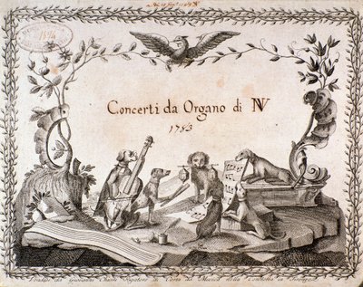 Egy kotta előlapja hangszeren játszó állatok ábrázolásával (1783) alkotó: Anonymous Anonymous