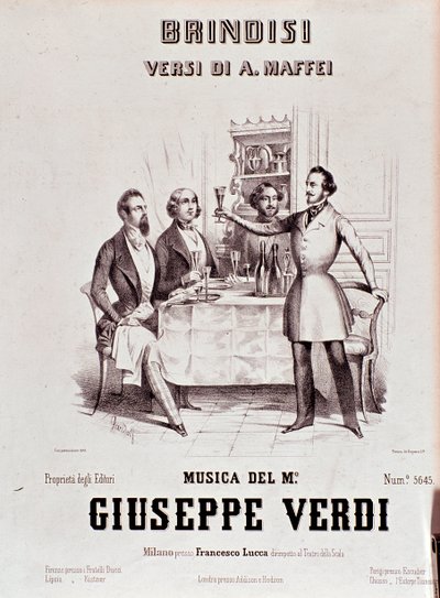 Giuseppe Verdi Brindisi partitúrájának frontképe Andrea Maffei költészete nyomán alkotó: Anonymous Anonymous