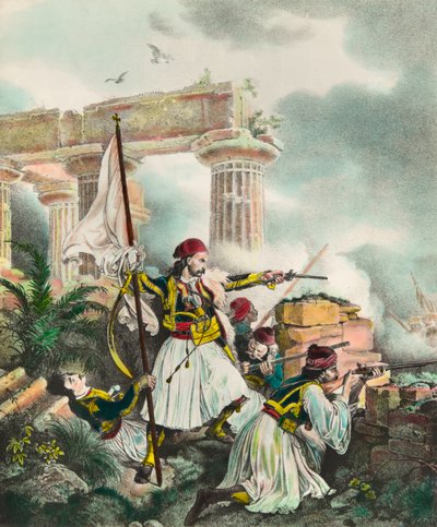 Görög függetlenségi háború az Oszmán Birodalom ellen: az 1821. március 25-i felkelés után Nickolaki Mitropolos a zászlót Salonába emeli. századi magángyűjtemény litográfiája alkotó: Anonymous Anonymous