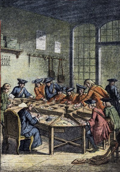 Posta története: válogatóterem XV. Lajos uralma alatt (XVIII. század). A „” Le petit Journal”” részlete 1920.04.15. Magángyűjtemény alkotó: Anonymous Anonymous
