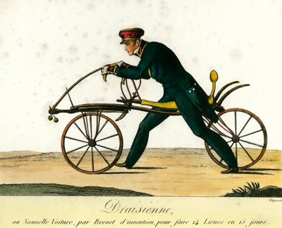 A kerékpár története: a draisienne, egy 1818 körül nagyon népszerű új jármű. Metszet 1818-ból. Magángyűjtemény alkotó: Anonymous Anonymous