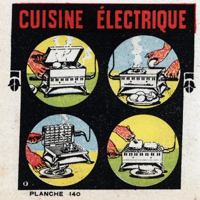 Háztartási villamos energia felhasználás: villanykonyha grillel. Névtelen illusztráció 1925-ből. Magángyűjtemény. alkotó: Anonymous Anonymous