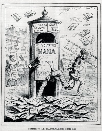Hogyan erőltetik a naturalizmust: szatirikus rajz a naturalista regényről Emile Zola "Nana" című könyvéről. Metszet a 19. századból. Magángyűjtemény. alkotó: Anonymous Anonymous