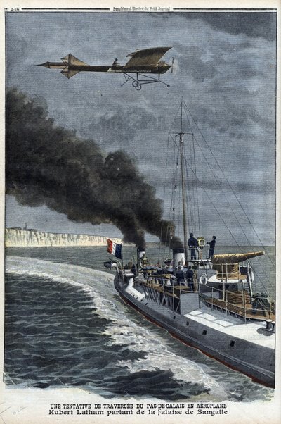 Hubert Latham (1883-1912), francia pilóta, aki egy „Antoinette” egysíkú repülőgéppel elhagyja Sangatte-t, hogy repülővel próbáljon átkelni a Csatornán, július 19. alkotó: Anonymous Anonymous